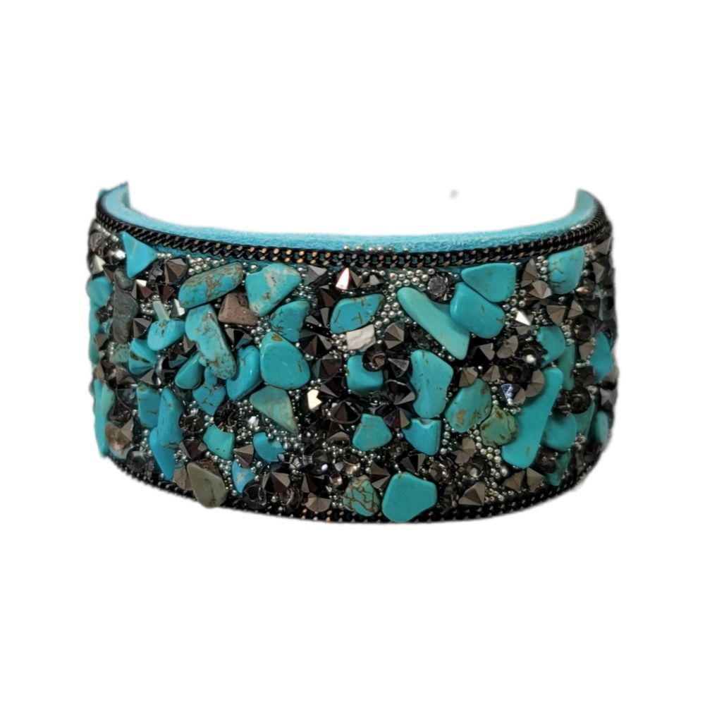 Blue Suede Leather Turquoise Pyrite Silvertone micro-bead Bracelet